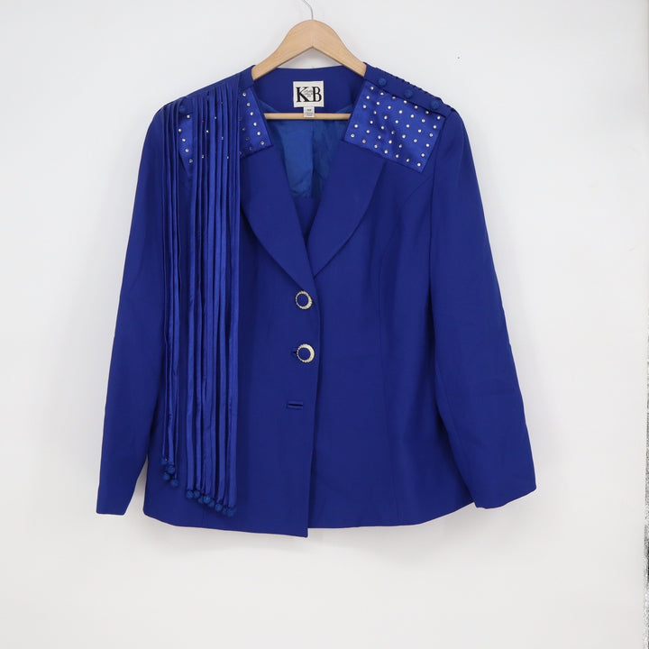 KB Stella Louise Fox Royal Blue Fringe Rhinestone Skirt Suit Set 16W Moon Button