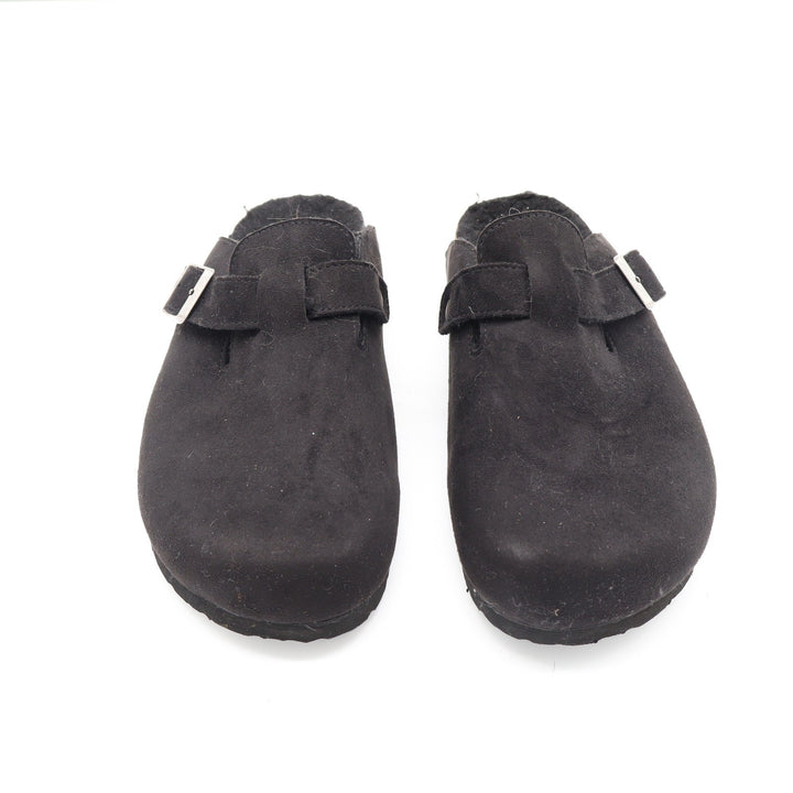 Cliffs by White Mountain Black Faux Suede Faux Fur Lined Buckle Clogs Women 8.5