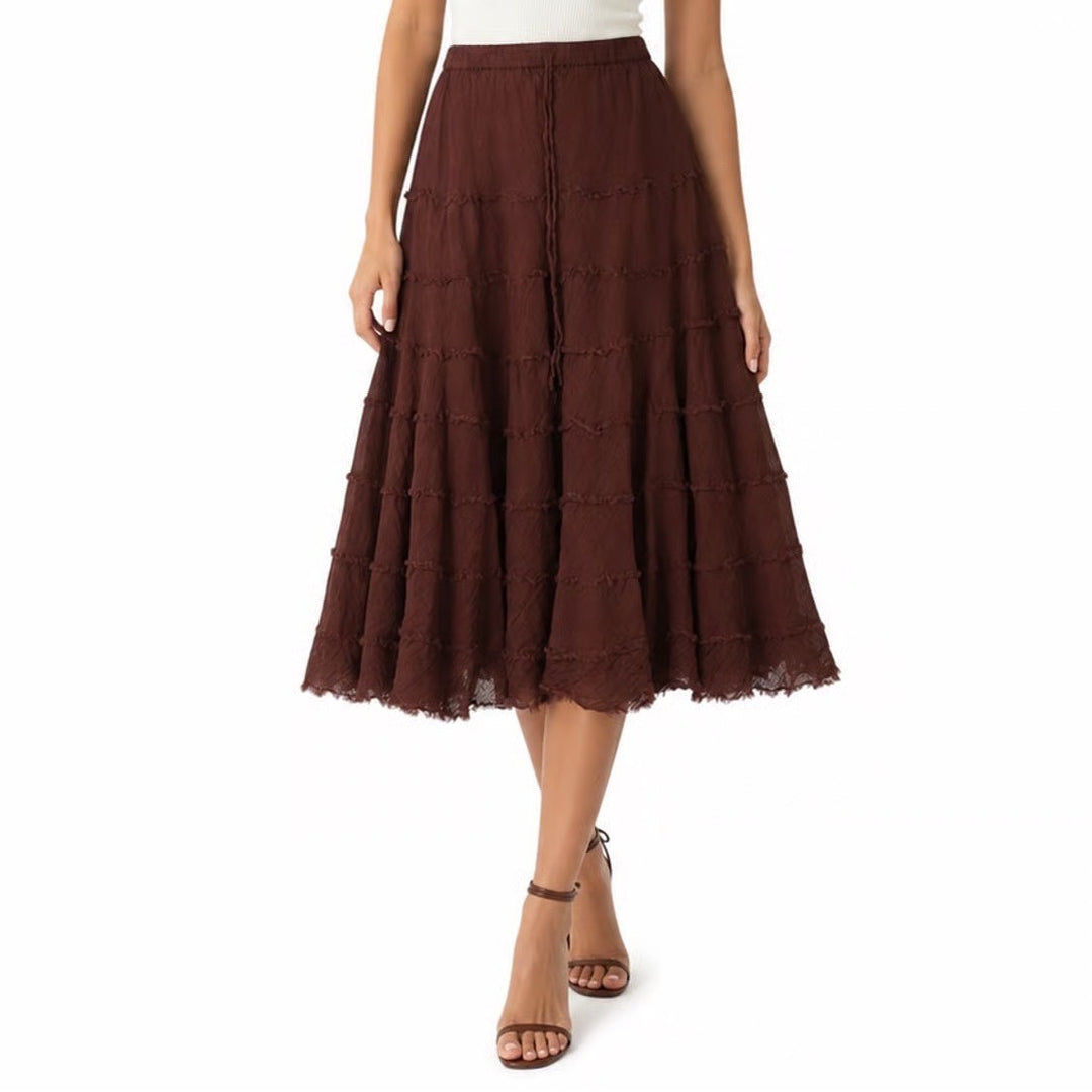 Metrowear Brown Cotton Tiered Midi Skirt Large Boho Ruffle Elastic Waist Lined