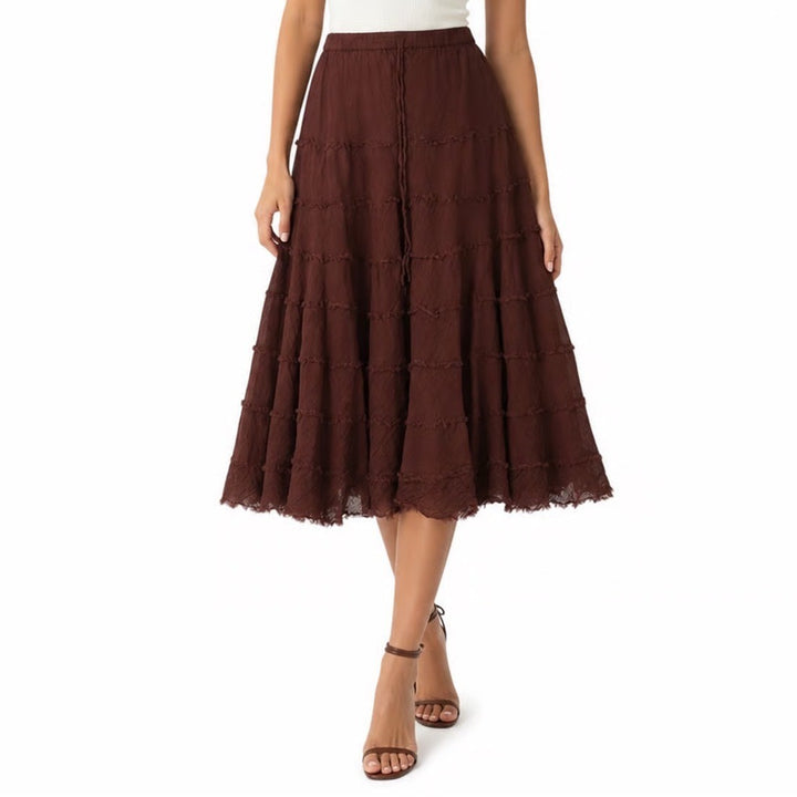 Metrowear Brown Cotton Tiered Midi Skirt Large Boho Ruffle Elastic Waist Lined