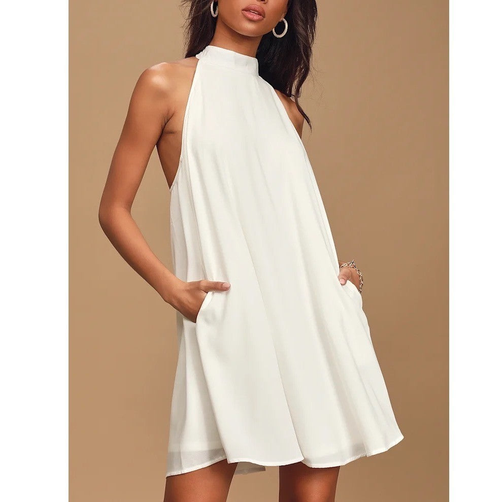 Lulus Love of Mine Swing Mini Dress Womens Small White Halter Neck Keyhole Back
