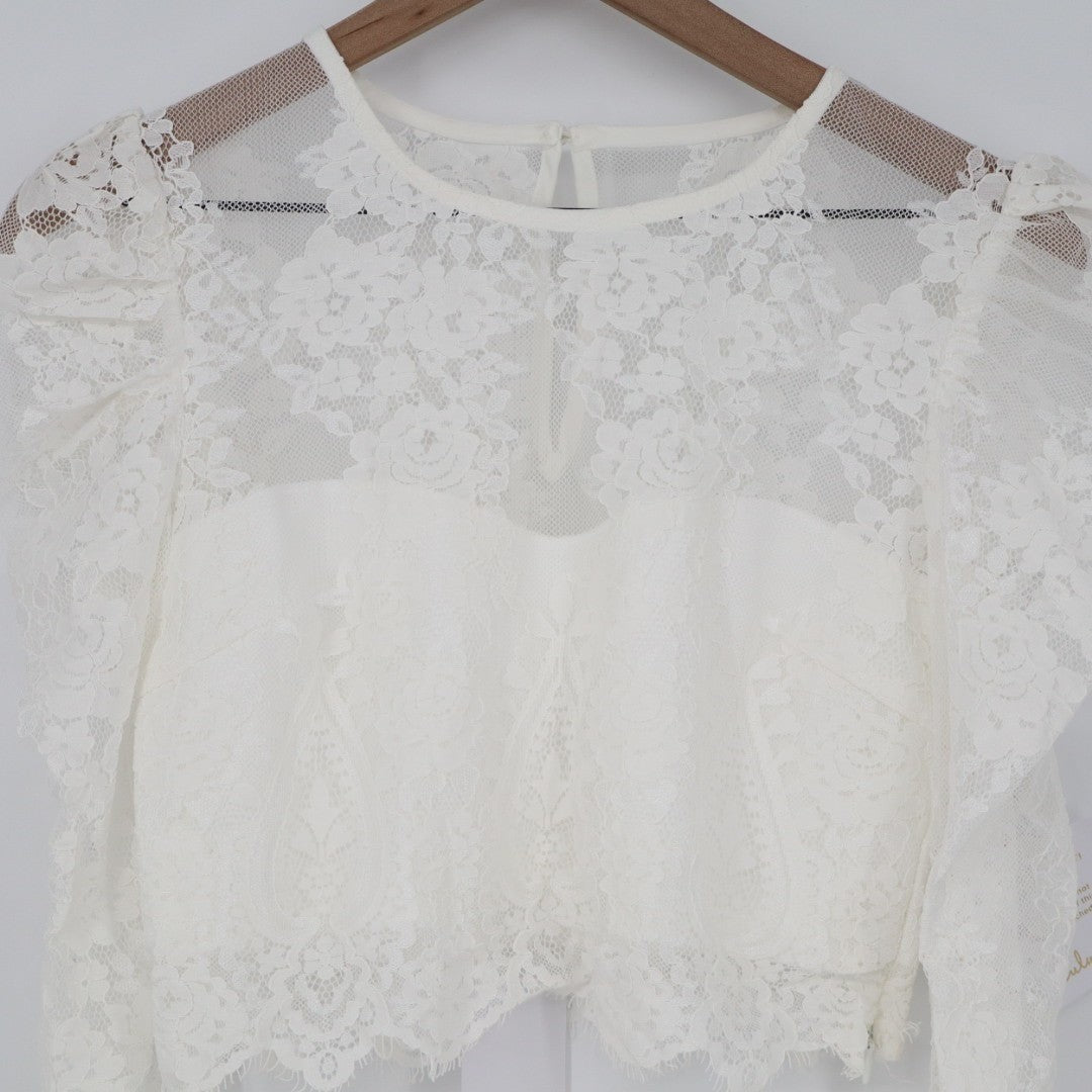 Lulus Heavenly Promise Crop Top Womens Medium White Sheer Lace Detail Round Neck