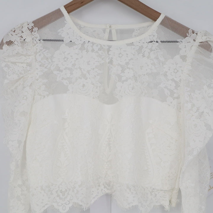 Lulus Heavenly Promise Crop Top Womens Medium White Sheer Lace Detail Round Neck
