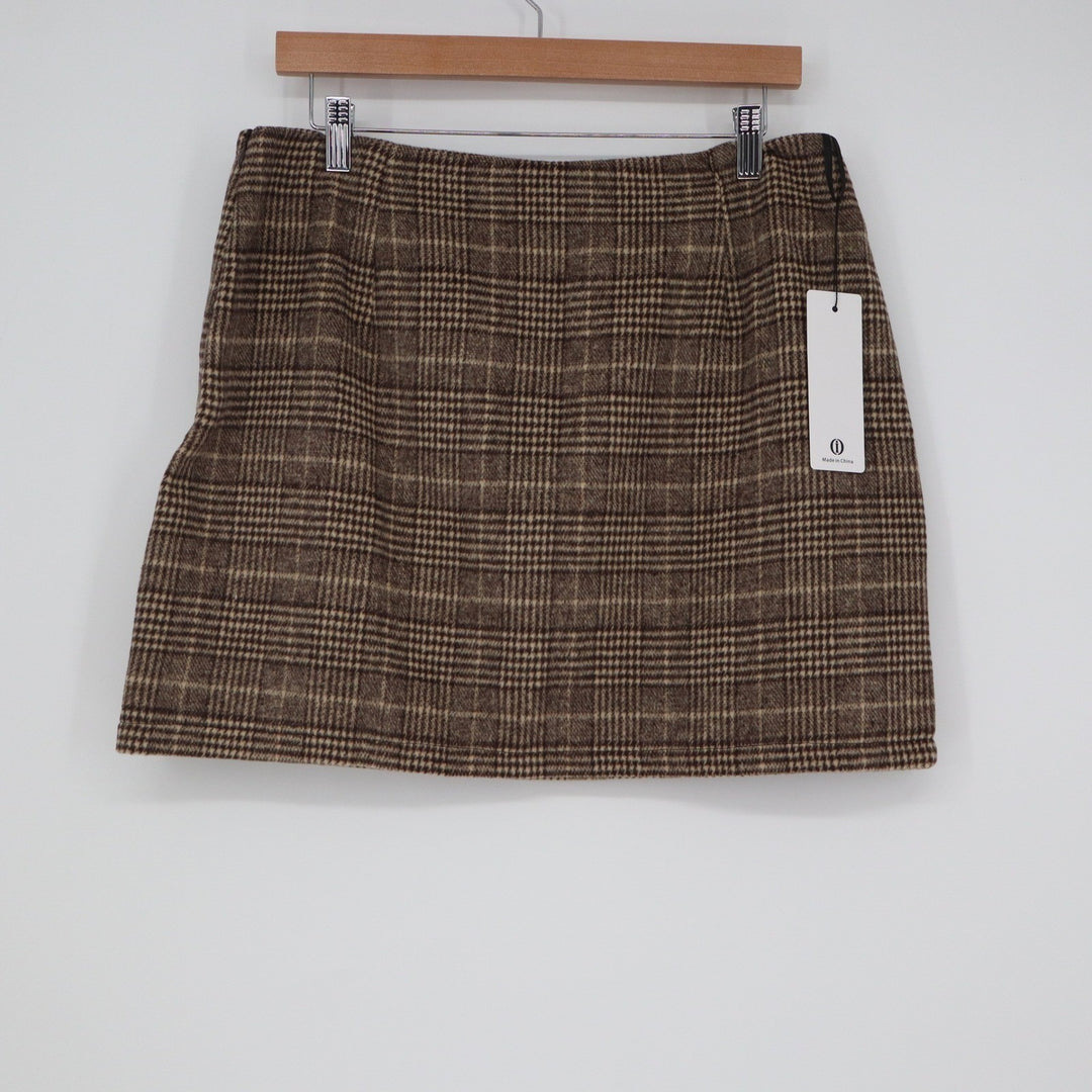 Cider Brown Plaid Wool Blend Mini Skirt L Glen Check A-Line