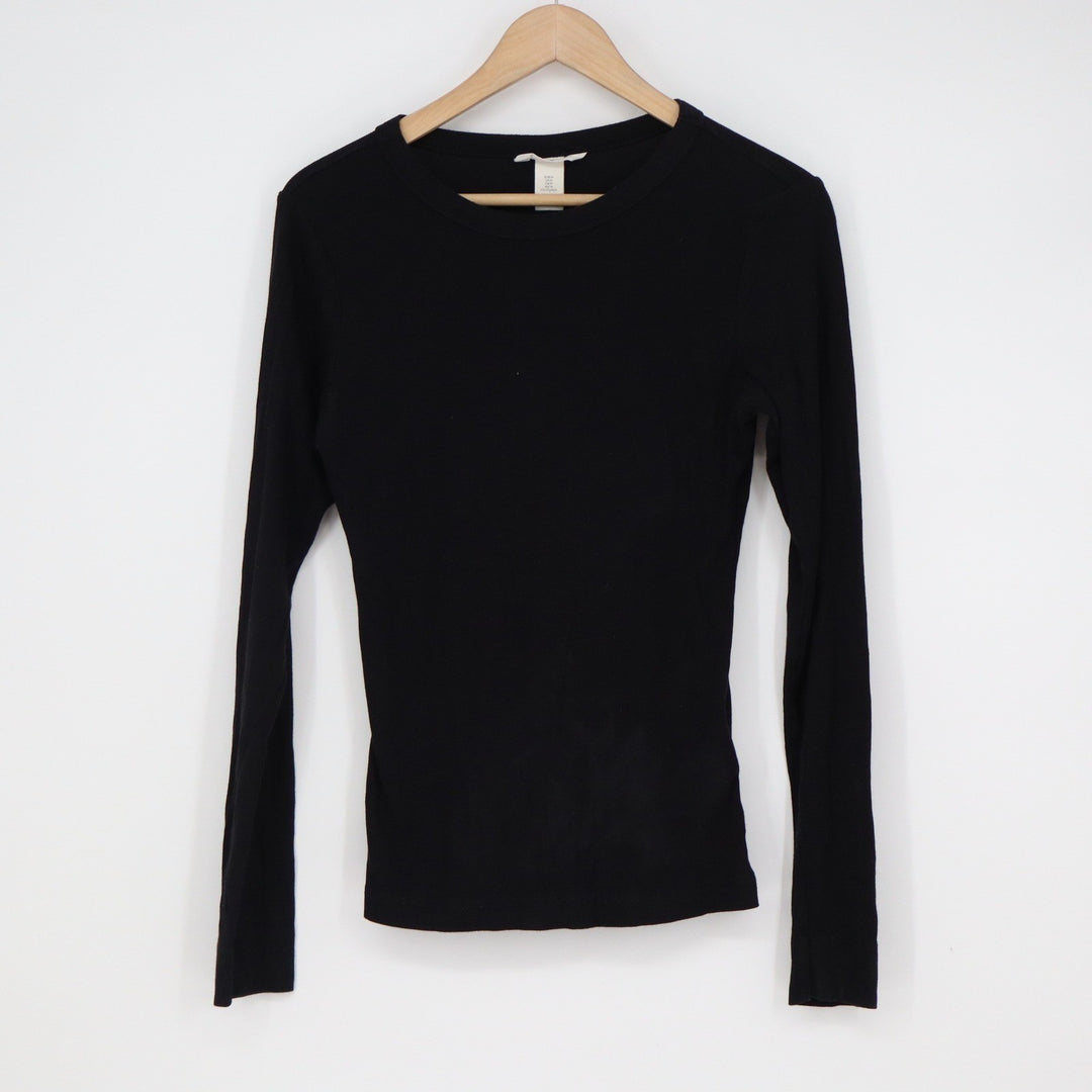 H&M Black Ribbed Long Sleeve Crewneck Top Modal Cotton Blend Size M