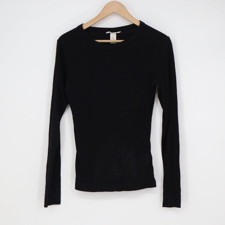 H&M Black Ribbed Long Sleeve Crewneck Top Modal Cotton Blend Size M