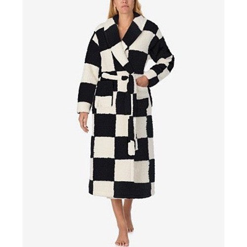 Sanctuary Wrap Bathrobe Womens XS/S Black White Check Sherpa Fleece Tie Waist