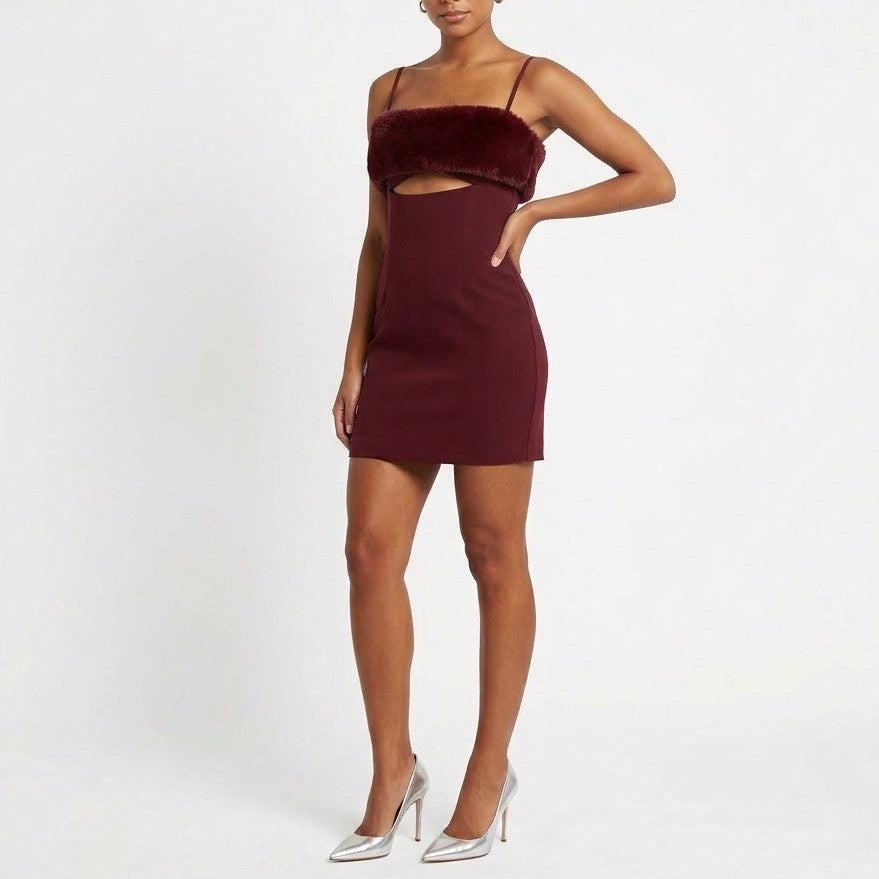 Naked Wardrobe Burgundy Faux Fur Trim Front Cutout Mini Dress Size L