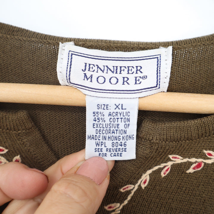 Jennifer Moore Olive Green Embroidered Floral V-Neck Knit Sweater XL