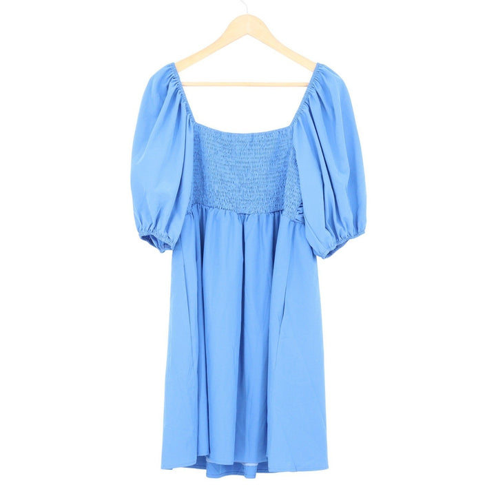 Blue Puff Sleeve Square Neck Pleated Mini Dress Large