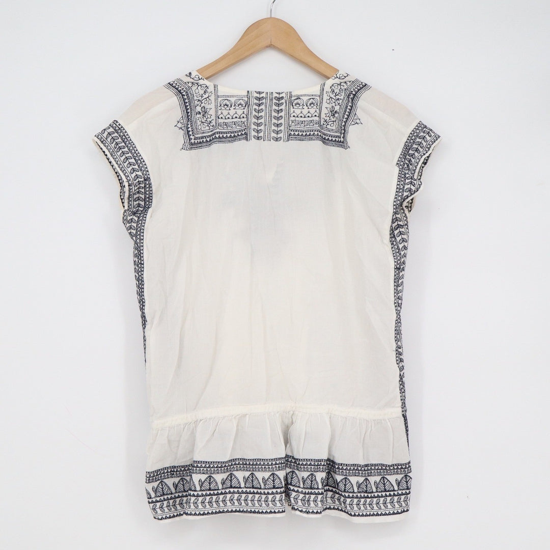 World Market White Navy Blue Embroidered Cotton Peasant Blouse Peplum Top S/M
