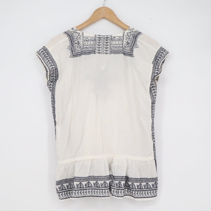 World Market White Navy Blue Embroidered Cotton Peasant Blouse Peplum Top S/M
