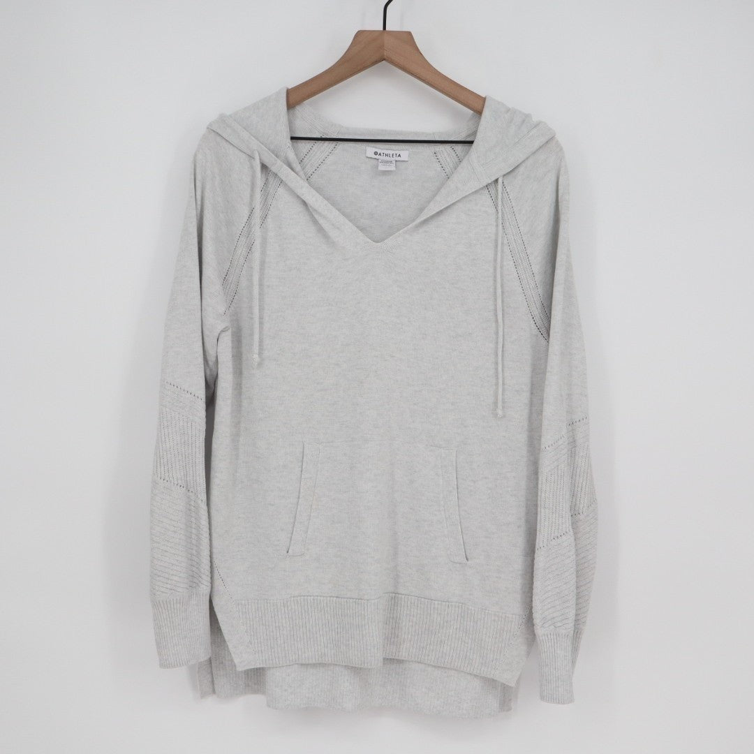 Athleta Evergreen Sweater Hoodie Womens Medium Gray High Low Hem Raglan Sleeve