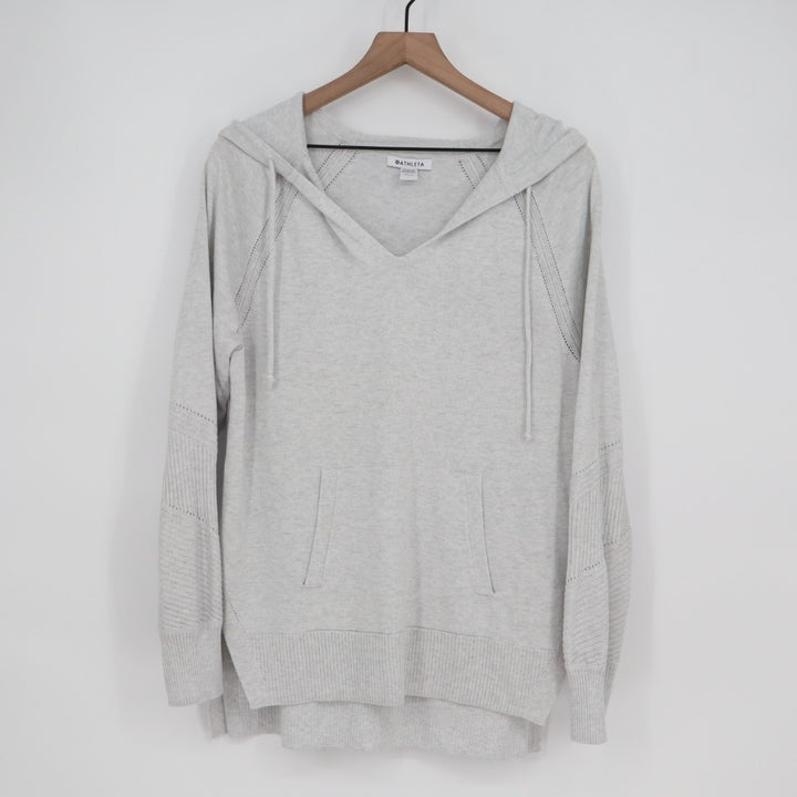 Athleta Evergreen Sweater Hoodie Womens Medium Gray High Low Hem Raglan Sleeve