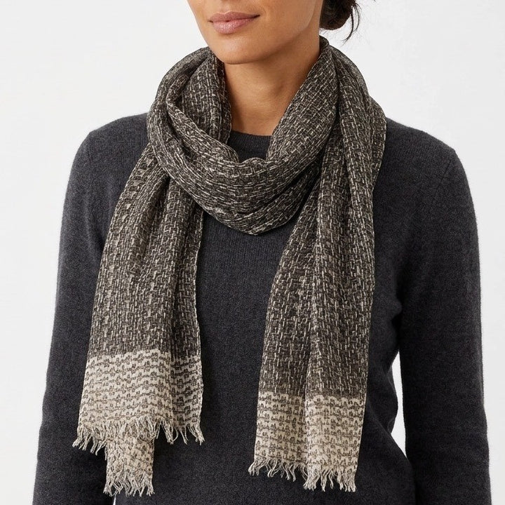 Scarf Womens Black Gray Woven Knit Fringed Edges Neck Warmer Cozy Winter Wear