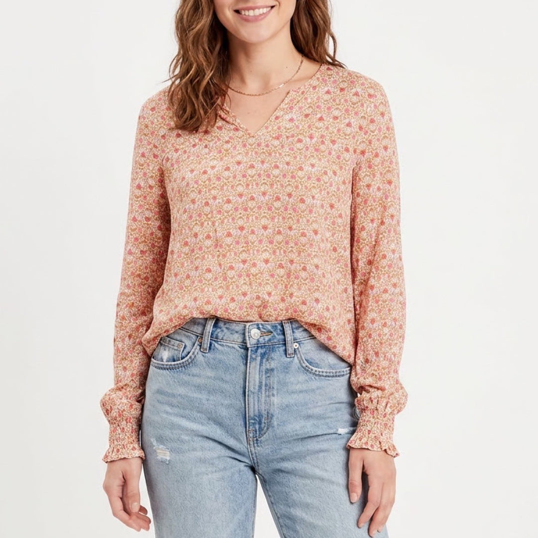 Gap Womens Small Pink Floral Block Print Long Sleeve Split V-Neck Blouse Top