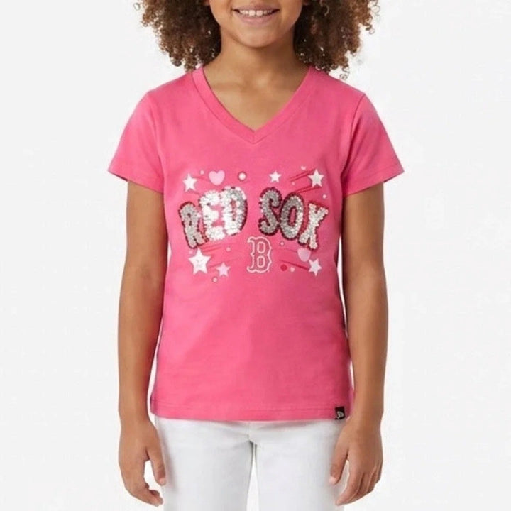 New Era Girls Boston Red Sox Pink Sequin V-Neck Graphic T-Shirt Size 7/8 NWT
