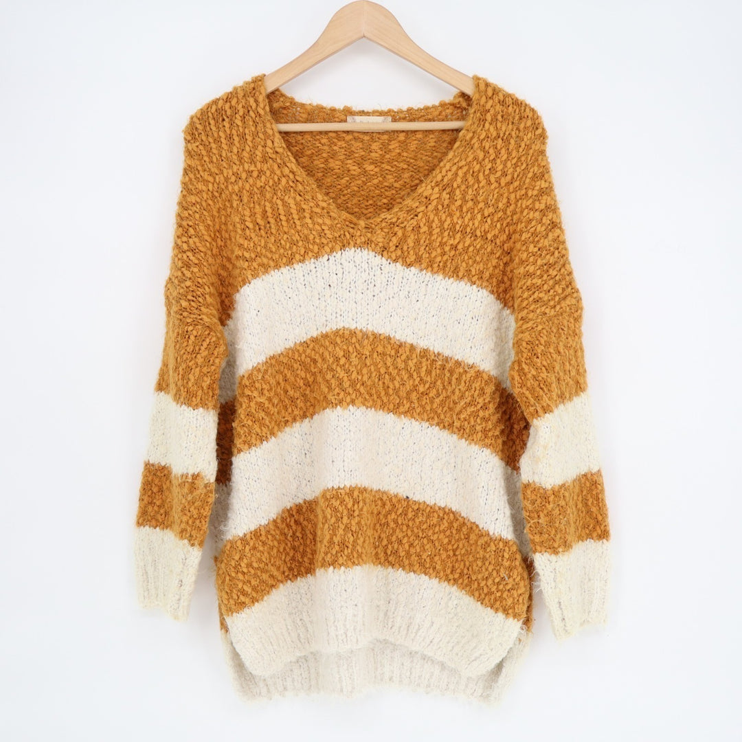 Altar'd State Sweater Womens M/L Mustard White Striped Eyelash Knit Pullover