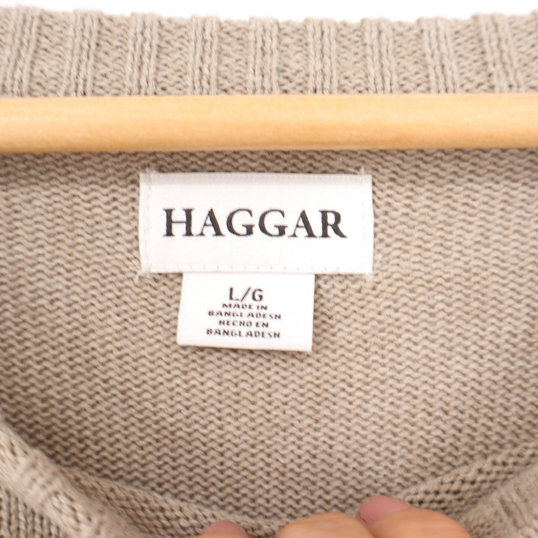 Haggar Mens Large Tan Beige Textured Grid Crewneck Cotton Blend Pullover Sweater