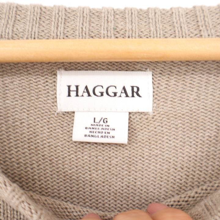 Haggar Mens Large Tan Beige Textured Grid Crewneck Cotton Blend Pullover Sweater