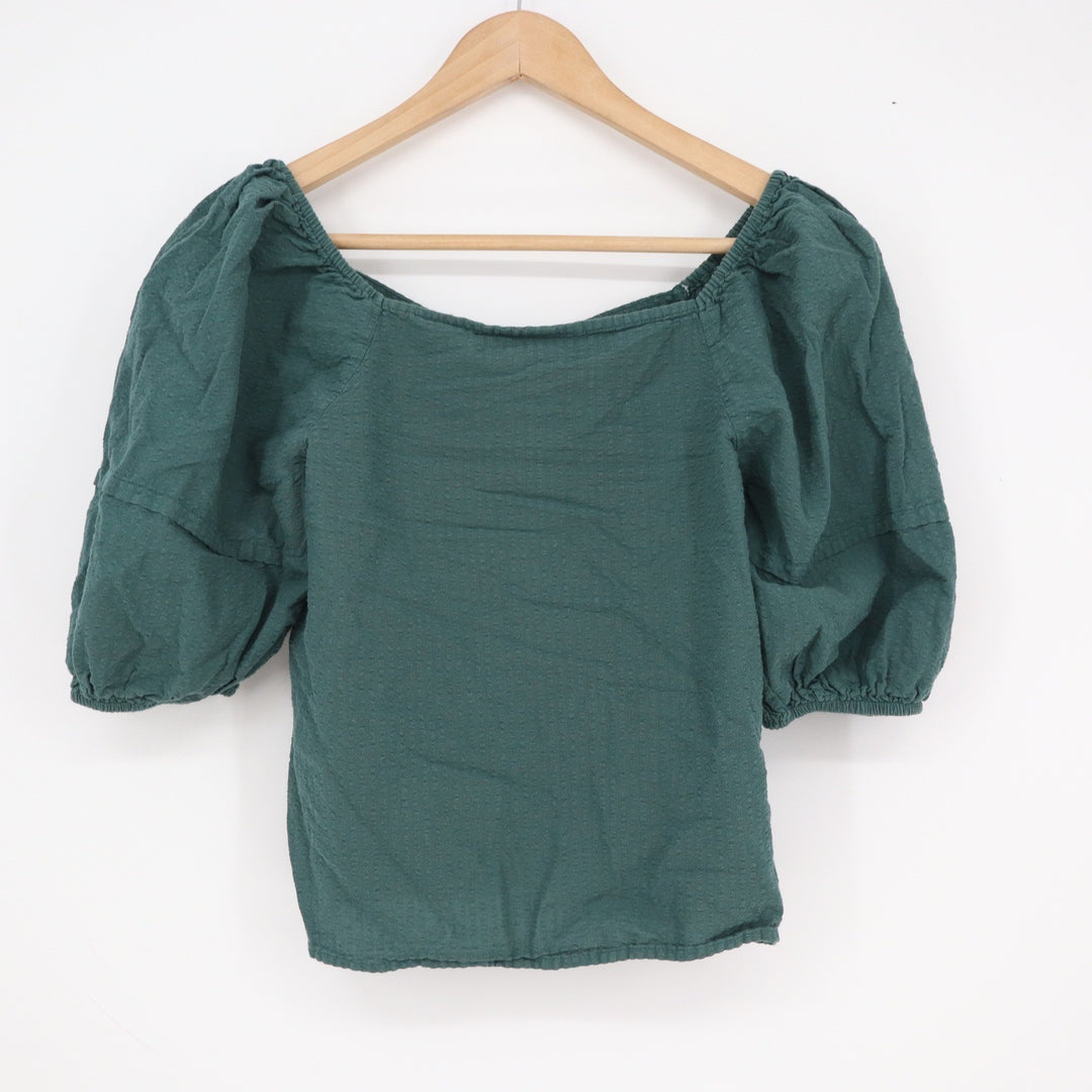 Universal Thread Womens Dark Green Dobby Cotton Puff Sleeve Button Top Small