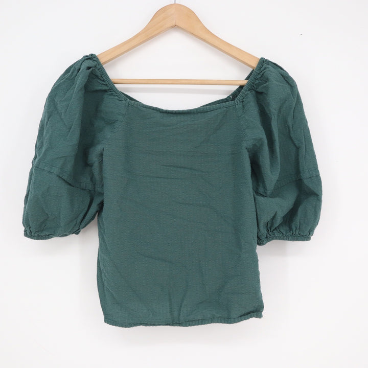 Universal Thread Womens Dark Green Dobby Cotton Puff Sleeve Button Top Small