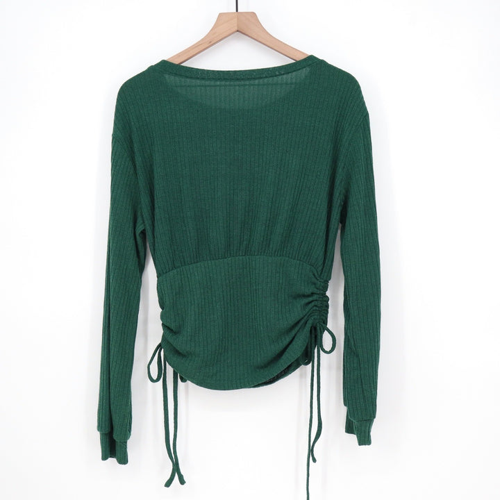 SHEIN Womens Dark Green Ribbed Long Sleeve Cinched Side Drawstring Top Size L
