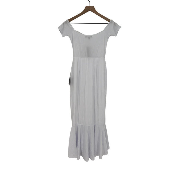 Light gray dress on a wooden hanger against a white background