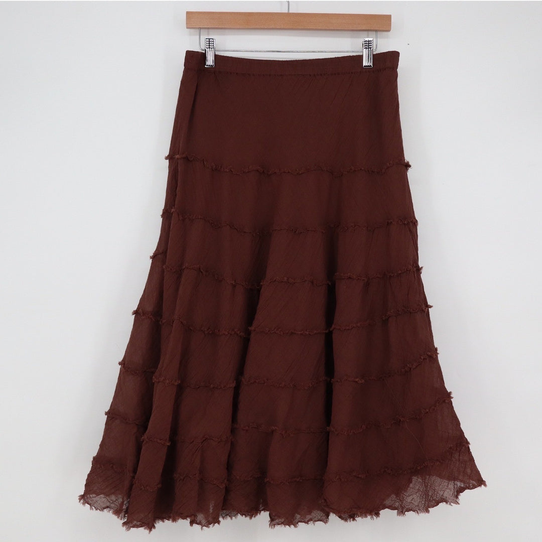 Metrowear Brown Cotton Tiered Midi Skirt Large Boho Ruffle Elastic Waist Lined