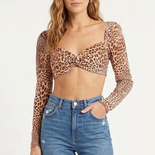 Naked Wardrobe Womens Leopard Print Twist Front Long Sleeve Crop Top XS