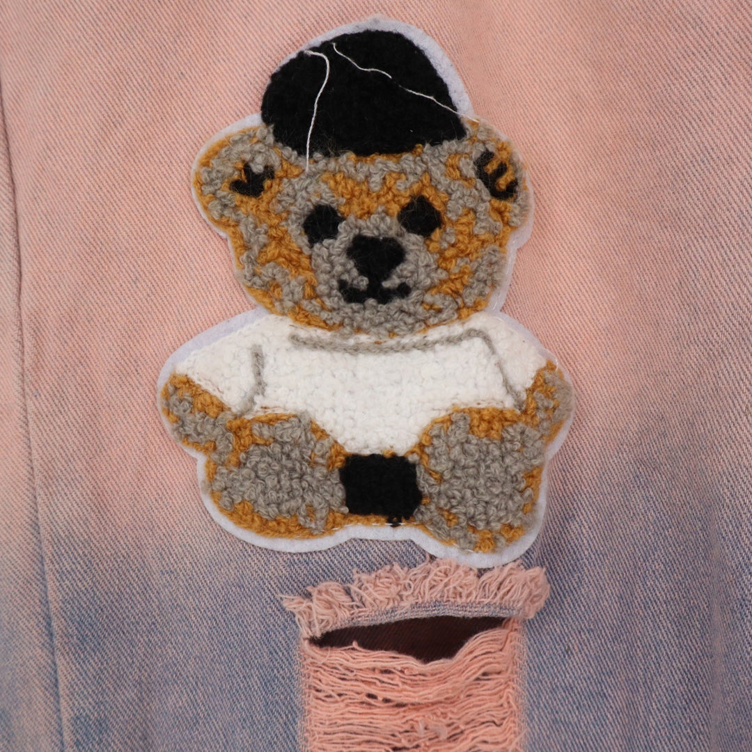 Pink Blue Ombre Distressed Jeans Teddy Bear Varsity Patch Streetwear Size 32