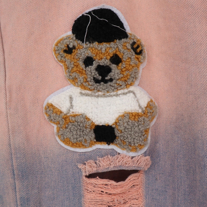Pink Blue Ombre Distressed Jeans Teddy Bear Varsity Patch Streetwear Size 32