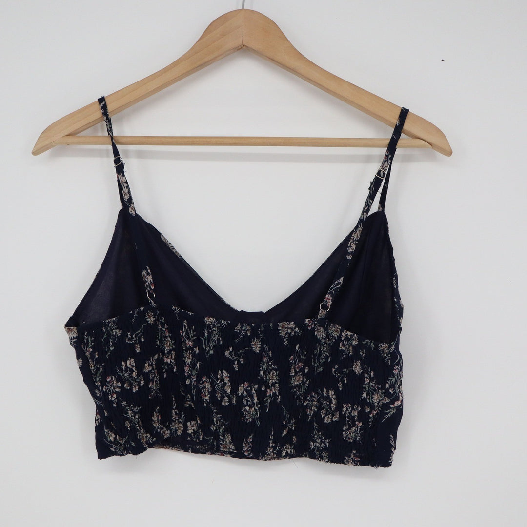 IJOAH Navy Blue Floral V-Neck Smocked Back Crop Top Cami Medium