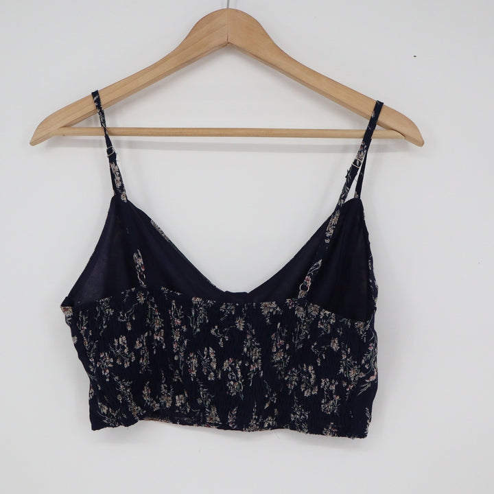 IJOAH Navy Blue Floral V-Neck Smocked Back Crop Top Cami Medium