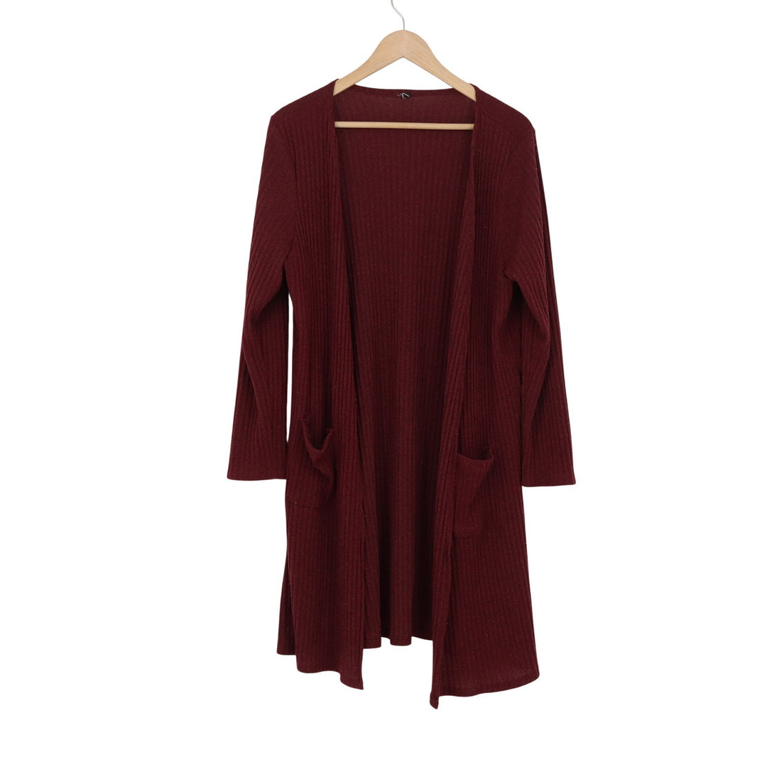 Burgundy Ribbed Longline Open Front Cardigan Plus Size 2X Pockets