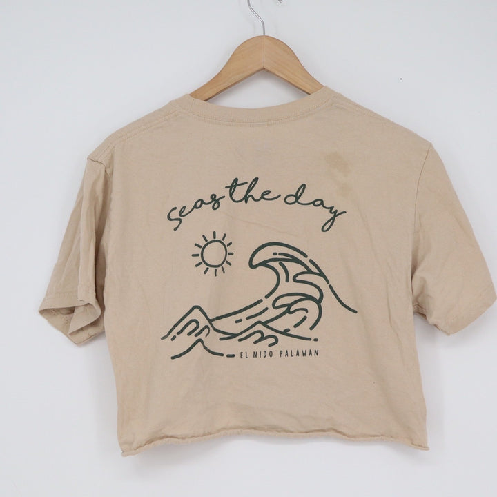JACS Seas The Day El Nido Palawan Tan Cropped Graphic T-Shirt Palm Tree Medium