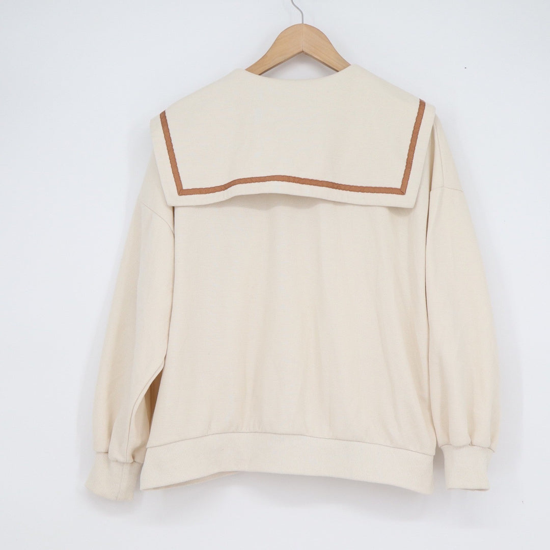 A.M.L Modern Style Sailor Collar Quarter Zip Sweatshirt Cream YESNO Graphic L