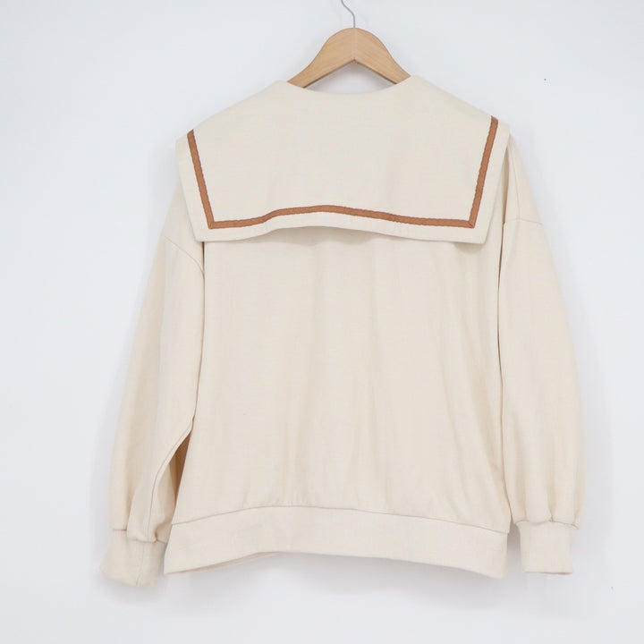 A.M.L Modern Style Sailor Collar Quarter Zip Sweatshirt Cream YESNO Graphic L