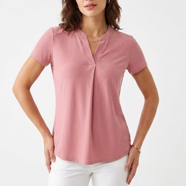 Diana Belle Womens Dusty Rose V-Neck Short Sleeve Pleated Front Blouse Size S