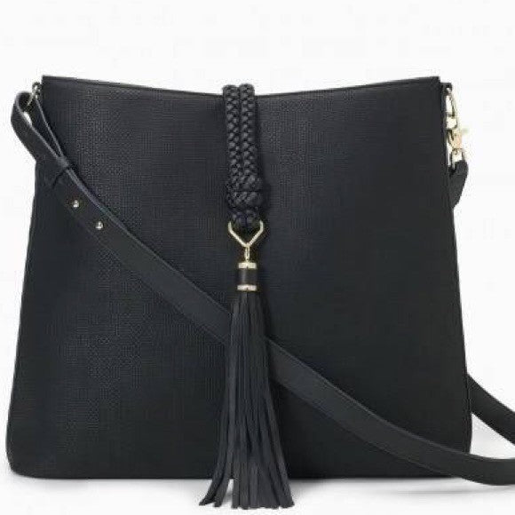 Stella Dot Hayes Tassel Hobo Black Textured Crossbody Shoulder Bag