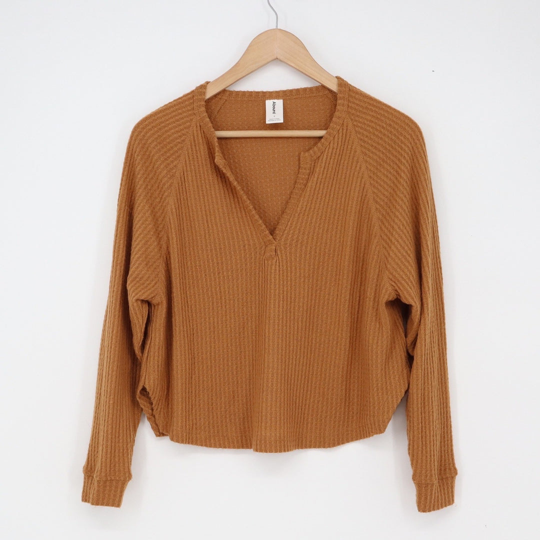 Abound Top Womens S Waffle Knit Brown Split Neck Cropped Thermal Excellent