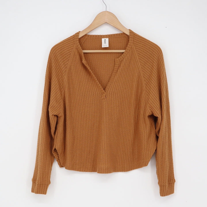 Abound Top Womens S Waffle Knit Brown Split Neck Cropped Thermal Excellent