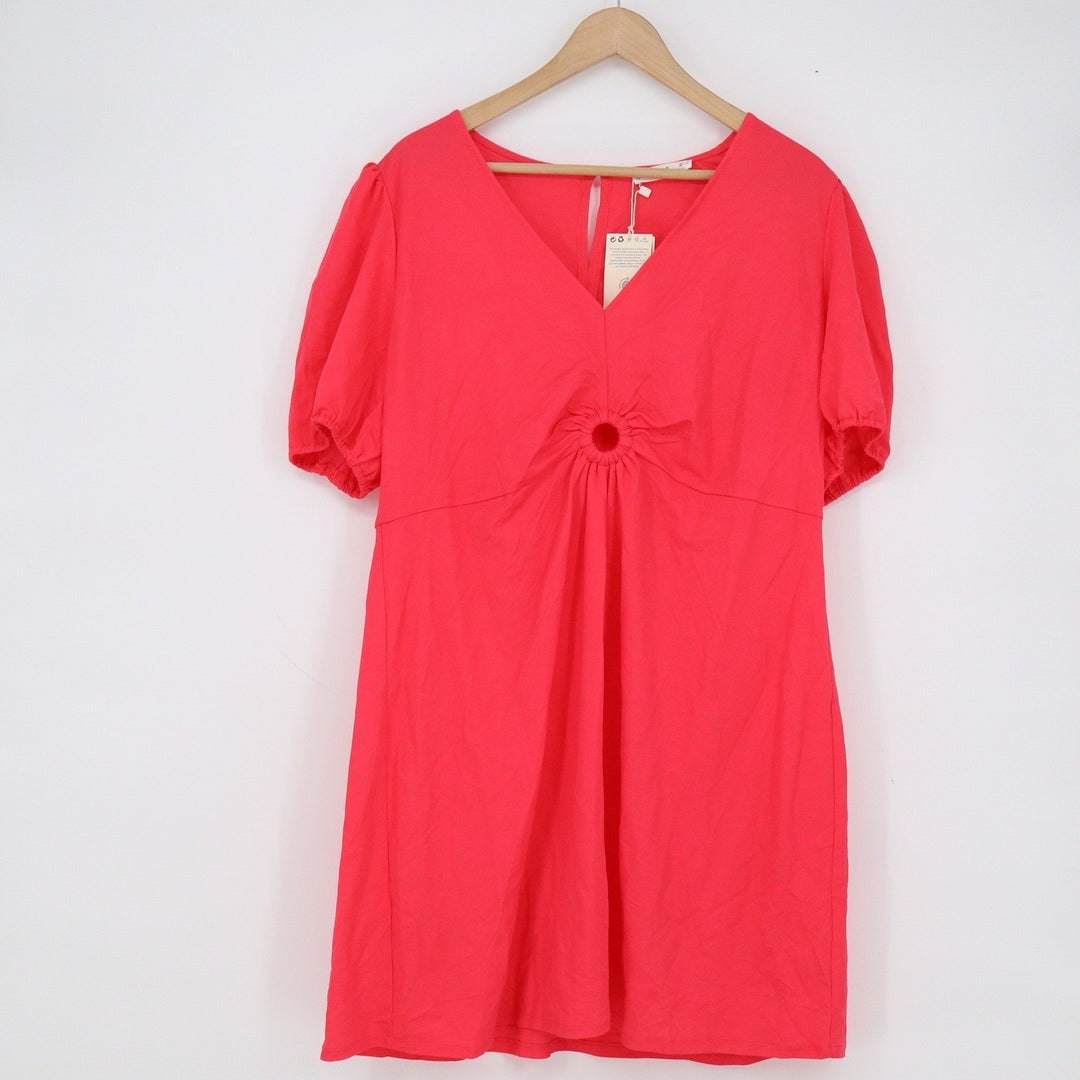 Mango MNG Vestido Coral Pink V-Neck Puff Sleeve Mini Dress Size 2XL 16