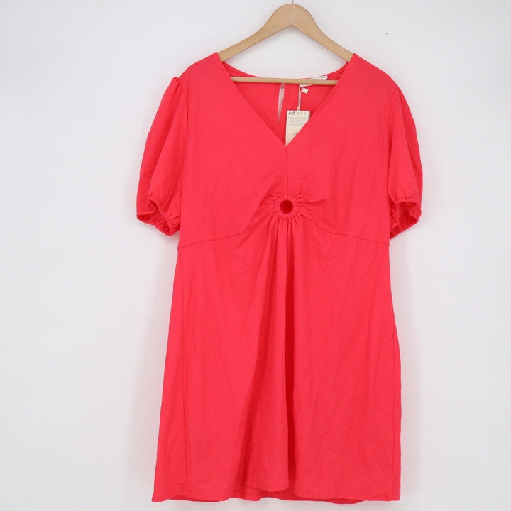 Mango MNG Vestido Coral Pink V-Neck Puff Sleeve Mini Dress Size 2XL 16