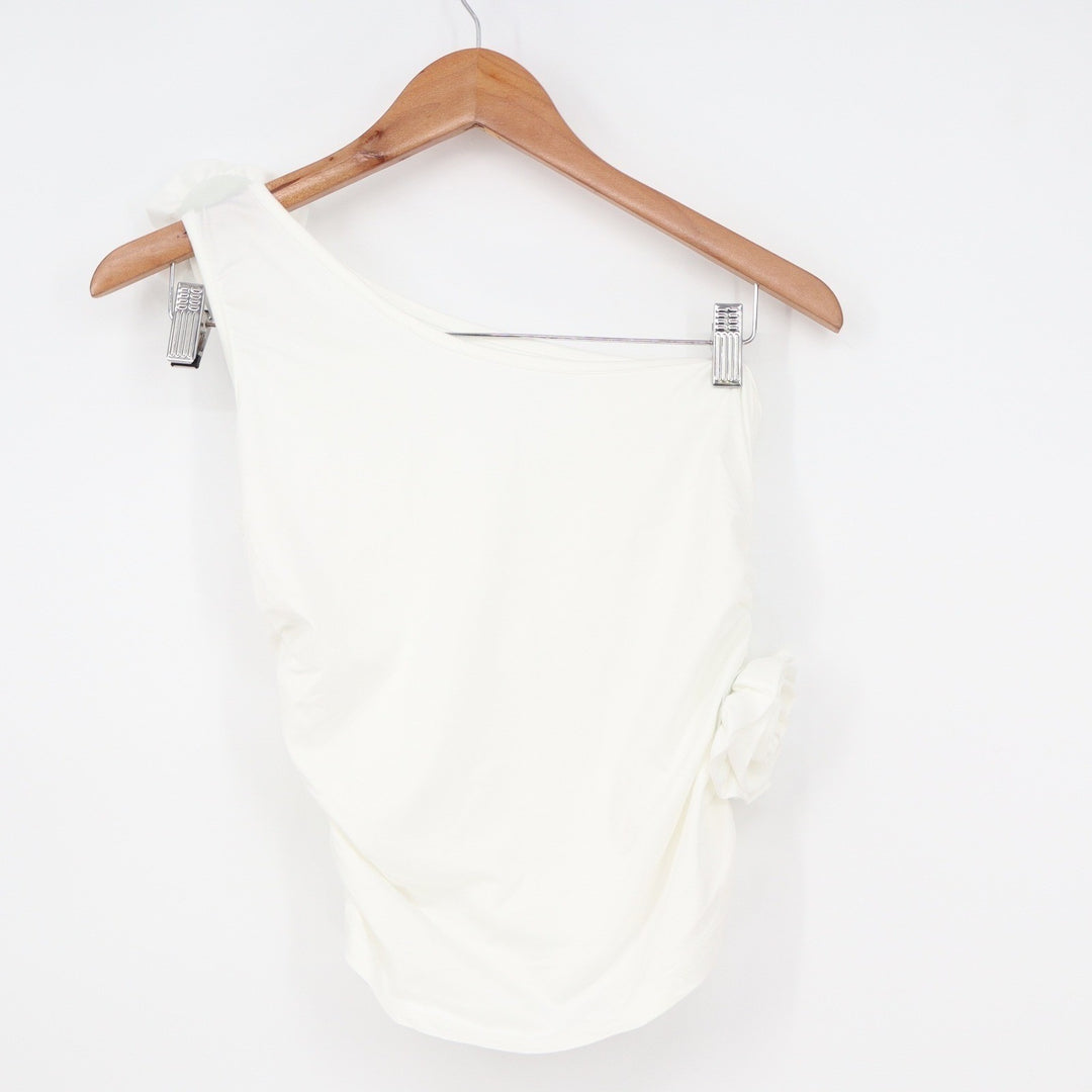 White One Shoulder Rosette Ruched Top Sleeveless Floral Accent Size L