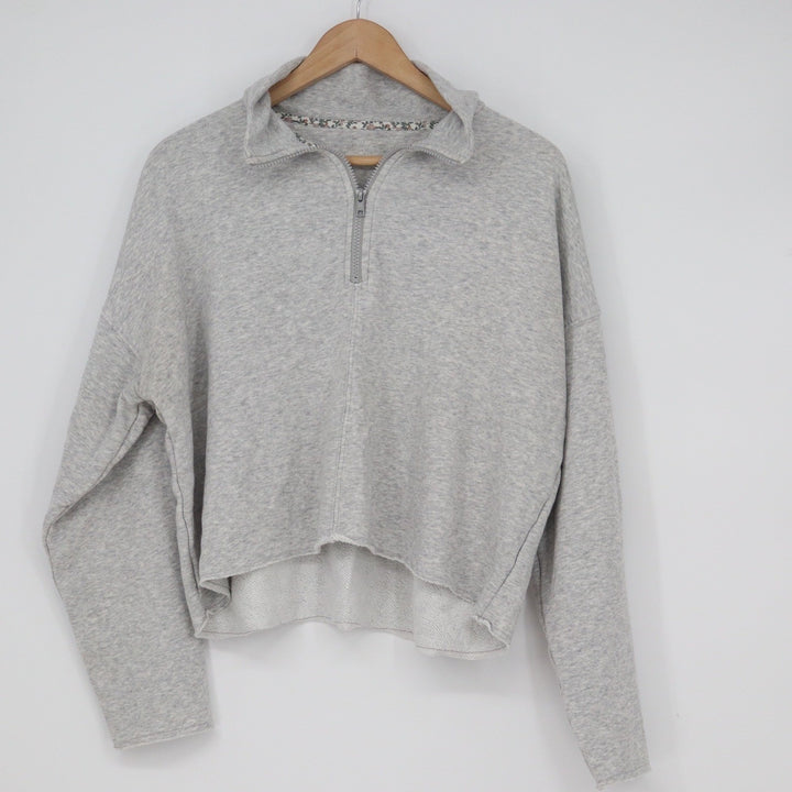 Aerie Womens Grey Quarter Zip Cropped Sweatshirt Raw Hem Large
