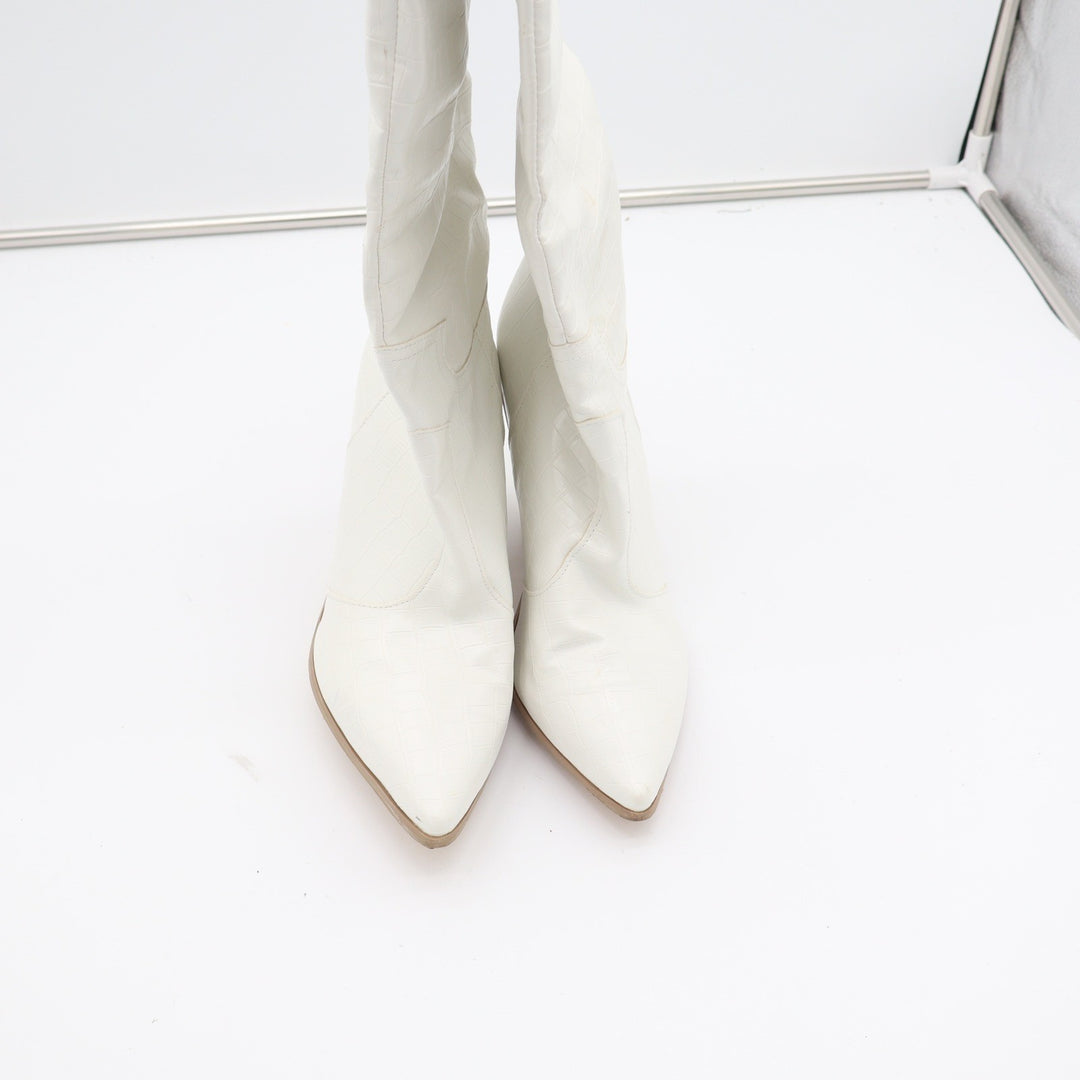 White Croc Embossed Pointed Toe Architectural Block Heel Tall Boots Size 10 41