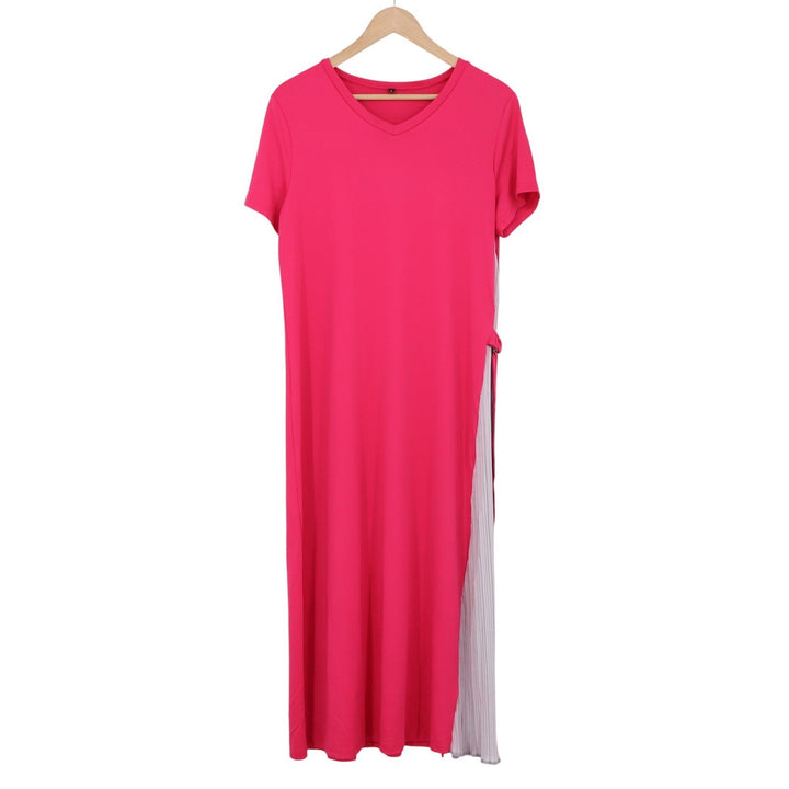 DEENRSEE Dress Womens L Asymmetrical Pleated Side Panel Pink V-Neck Good