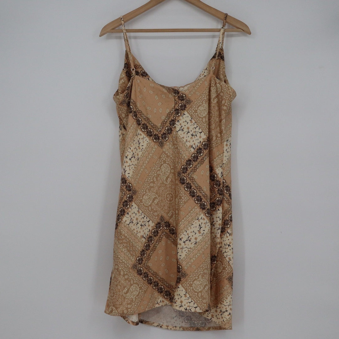 J for Justify Womens XL Tan Brown Bandana Patchwork Cowl Neck Slip Mini Dress