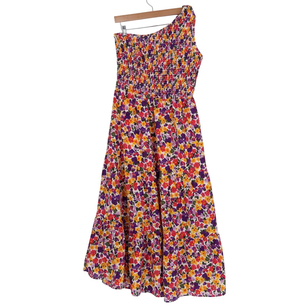 BTFBM Floral One Shoulder Smocked Tiered Maxi Dress Purple Orange Yellow Large